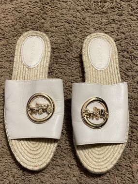 Coach White Leather Slide Sandals with Gold Coach Horse & Carriage Emblem